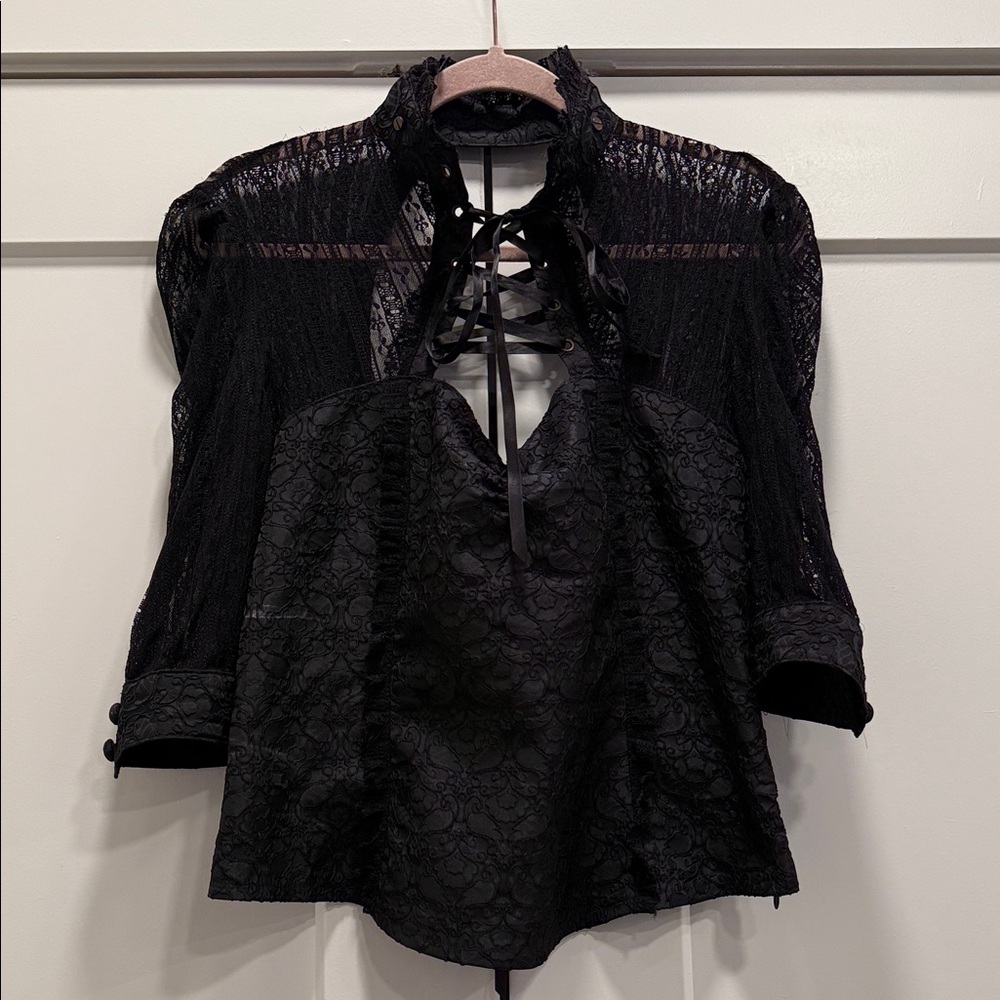 Banned Chic Black Lace Blouse whimsy Goth coset high neck lace up front and back